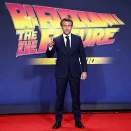 photo of emmanuel macron in back to the future movie, full body shot, sharp focus, award - winning