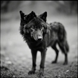 wood, black wolf guarding by denis villeneuve, pinhole analogue photo quality, blur, unfocus, cinematic, 3 5 mm, monochrome