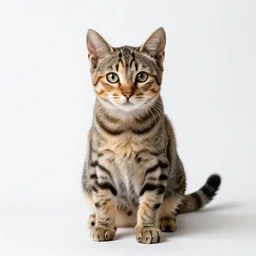 striped calico kitten, studio photography, full body, isolated on a pure white background, centered, entire subject in frame, sharp focus, soft studio lighting