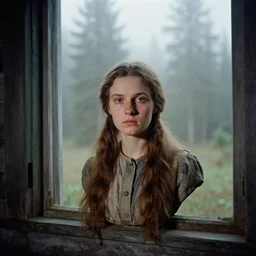 portrait bust of young woman, solemn expression, faded color film, russian cinema, tarkovsky, kodachrome, old cabin, next to window, heavy forest outside, long brown hair, old clothing, heavy fog, hudson river school, 4 k, dramatic lighting, greg rutkowski