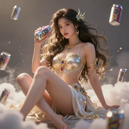 a beautiful female goddess of the cans character, character is in all its glory, character is in her natural relaxed pose, rim lights, particles and dust in the air, fancy clouds, highly detailed professional photo, dynamic lights, particles are flying, depth of field, trending on artstation, professional illustration, hyper realistic, vray caustics, super detailed, colorful accents, cinematic shot