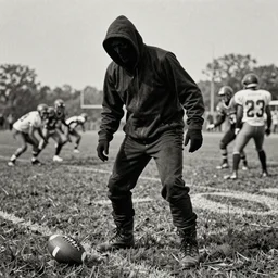 A grim reaper stalking players on an American football field, daguerrotype