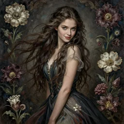 facial portrait of a young pretty woman in flowing dress, arrogant, mysterious, long fine flowing hair, delicate, looking at camera, slightly awkward smile, realistic face, hands behind back, intricate, stylish, elegant, grimdark fantasy, flowers, extremely detailed painting by Martine Johanna and Ernst Haeckel and Greg Rutkowski