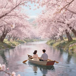 a couple in a rowboat traveling down the river | cherry - blossoms | highly detailed | very intricate | serene romantic fantasy whimsical magical | soft bright natural morning light | pixar | award - winning | matte painting by anton fadeev and paul lehr and rhads and alena aenami | pastel color palette | featured on artstation