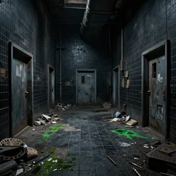 we finally got to see the hellish facility inside area 5 1. facility is made out of black dirty tiles, for some reason it seems to be abandoned. junk piles on the floor, weird green fluid stains on the floor. a lot of doors.