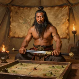 close - up portrait of smart tai warriors sit around tai warlord who sit on his sword thone in tai ancient war traditional tent, with strategical sandbox on the woonden table and old leather map on the wall, minimal interior decoration, light from bonfires and torches, high - detailed face, detailed and intricate environment, oil painting, detailed and intricate environment, digital art trending
