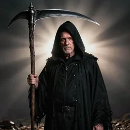 ultra realistic backlit spooky photograph of maury povich with black hood and scythe dressed as grim reaper
