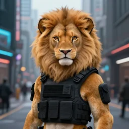 beautiful furry art portrait commission of a female furry anthro lioness fursona wearing a tactical kevlar vest in the streets of a cyberpunk city at night in the snow. neon light. character design by charlie bowater, ross tran, artgerm, and makoto shinkai, detailed, inked, western comic book art