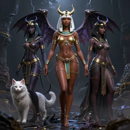 full length complex 3 d hyper realistic smooth ultra sharp render of a gorgeous light skinned african woman with white hair | bikini, chains | demoness, succubus, egyptian goddess, storm from x - men, neko | medieval, fantasy, d & d, unholy | intricate, highly detailed, octane render, photorealistic | art by 吵 集 仁 儿 on artstation + oh jinwook + sakimichan