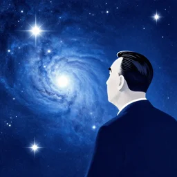 blue and white clean star nebulae illustration with alfred hitchcock gazing into the far distance