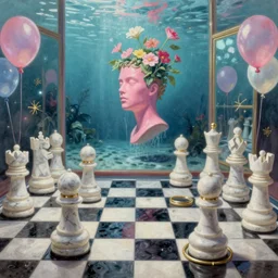 David Friedrich, giant marble chess pieces, gold rings, liminal spaces, party balloons, checkered pattern, mirrors, David Friedrich, award winning masterpiece with incredible details, Zhang Kechun, a surreal vaporwave vaporwave vaporwave vaporwave vaporwave painting by Thomas Cole of an old pink mannequin head with flowers growing out, sinking underwater, highly detailed