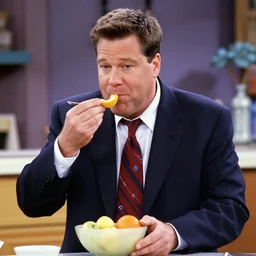 Drew Carey 1997 wearing a navy suit and necktie calmly eating out of a bowl of fruit, 1990s sitcom tv still