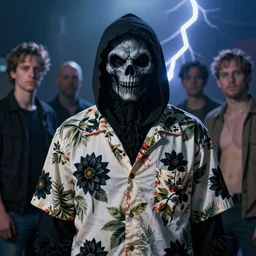 the grim reaper wearing a hawaiian shirt with black dahlia flowers by gaston bussiere, bayard wu, greg rutkowski, giger, maxim verehin, greg rutkowski, masterpiece, sharp focus, cinematic lightning