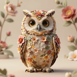ground - level wide - angle shot of a very cute and highly floral ornamented owl chick, floral ornaments woven between the feathers of the owl, fine ornamental floral background, by esao andrews, by m. w. kaluta, by yoshita amano, volumetric light, rich colors, natural lighting, very humorous!!!, smooth, depth perception, 4 k, unreal engine 5, artstation