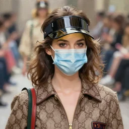 A woman in 1980s clothing with a visor on her face and wearing a surgical mask, gucci catwalk, oil painting, digital art, ultradetailed, artstation