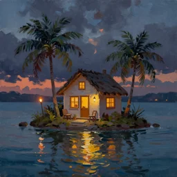 water and a very small island! cute cozy cottage!! torches, chairs, palm trees, dark very late evening cloudy sunset, dramatic and dynamic lighting, thick brush strokes oil impasto painting