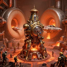 a bulbous the matrix nebuchadnezzar biomechanical gieger, 3d rendered steampunk, iron smelting pits, high tech industrial and maschinen krieger, warm saturated colours, mri machine millennium falcon space-station Vuutun Palaa with massive piping inspired by a nuclear reactor submarine, ilm, beeple, star citizen halo, mass effect, starship troopers, elysium