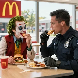 movie scene of robo - cop and joker eating breakfast in mcdonald's, worm lighting, sunny day, dark knight ( 2 0 0 8 )