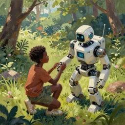 a black kid playing with a futuristic robot in the nature, mixing solarpunk, afropunk, cyberpunk, ( ( ( ( volumetric light ) ) ) ), high angle, part by pearl fryar, part by prince damah, sunny day, trending on artstation, cinematic view, illustration, painting, realistic