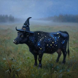 a detailed matte landscape painting of a cow made of stars standing in a grassy field wearing a witch hat, cow wearing hat!!! viewed in profile and far away, fog in the background, ultrawide lens, aerial photography, black and blue color scheme with gold highlights, art by greg rutkowski and and rembrandt and alphonse mucha, artstation, 8 k