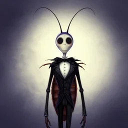 digital art of a symmetrical thin cockroach cartoon character with long antennae, wearing a black suit by anton fadeev from nightmare before christmas