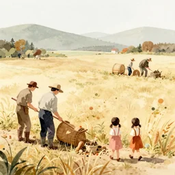 concept art of a farmers in a field, young girls, artstation, watercolor, autumnal