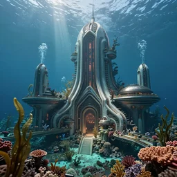 futuristic googie style underwater architecture with lots of coral and sea kelp everywhere all over the exterior, it is the underwater city of atlantis
