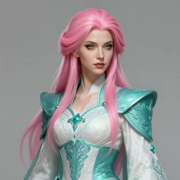pink haired mage, female, cloth, d & d, fantasy, medium portrait, intricate, elegant, highly detailed, digital painting, artstation, teal pink white colors, octane render, concept art, matte, sharp focus, illustration, hearthstone, art by greg rutkowski and alphonse mucha, annie leibovitz, roger deakins
