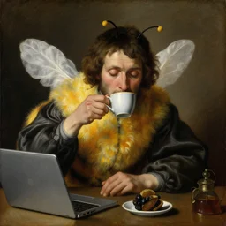 tired man in a bumblebee costume drinks coffee in front of a laptop, highly detailed, masterpiece, renaissance, oil on canvas
