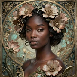 Hyperrealistic beautiful sexy ethereal dark skinned girl portrait, art nouveau, fantasy, intricate flower designs, elegant, highly detailed, sharp focus, art by Artgerm and Greg Rutkowski and WLOP