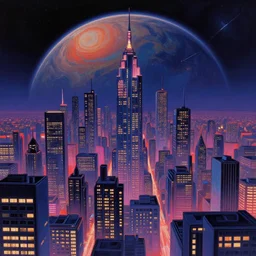 cloisonnism view of city with neon - lit windows on a planet in no mans sky, masterpiece, rule of thirds, moebius, syd mead, bekskinski