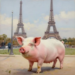 a detailed oil painting of a pig in paris next to the eiffel tower