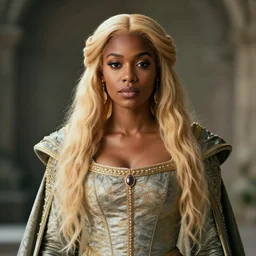 A beautiful hyper realistic detailed concept art portrait of a confident gorgeous black female wearing a medieval queen's dress::long blond hairs and some earrings::center framing, soft focus, vertical portrait, natural lighting, f2, 50mm, hasselblad, film grain, portrait lighting, light leaks