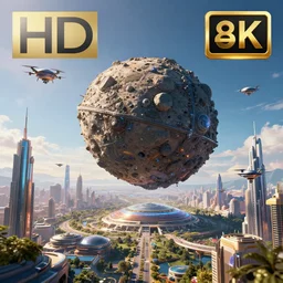 An asteroid floating in space containing a vibrant futuristic technologically advanced utopian city with skyscrapers and flying drones, the beautiful landscape is backlit by sunlight. Cinematic, Award winning, ultra high resolution, intricate details, UHD 8K