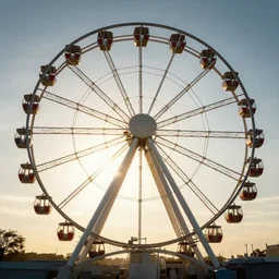 one ferris wheel at sunrise, concept art, hyperrealistic, octane render, unreal engine 5, path traced, highly detailed, high quality, 8 k, dramatic lighting, cinematic, high coherence, symmetrical, high contrast, 1 9 8 0 s style, lens flare, godrays