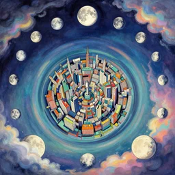 post - minimalism comic abstract cubism portrait of concentric city, top down extraterrestial view, the moon orbiting other moons, iridescent clouds, vibrant color scheme, highly detailed, in the style of romanticism, cinematic, artstation, moebius, greg rutkowski