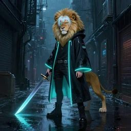 digital painting of a teenage Synthwave aesthetic albino lion in a dark rainy cyberpunk alleyway while holding a long dagger and wearing a dark cyan neon glowing black cloak reflecting on the wet pavement trending on artstation, cinematic lighting