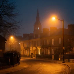 A foggy council estate at night, with orange street lights