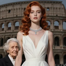 roman by chie yoshii ultradetailed. a beautiful assemblage. she coalesces into a tall woman in a white dress, diamonds around her neck, hair carefully arranged in auburn waves, young & old at the same time.