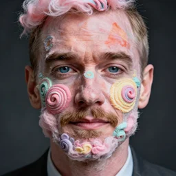 jesse pinkman, his face pigments made out of patterned cotton candy, every single face pigments made of cotton candy, cotton candy used for face, beautiful composition,