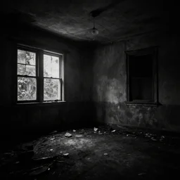 a very dark room at night in a derelict house with one light, black and white, grungy