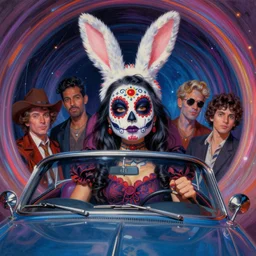 closeup of a amc marlin lowrider driven by a cute fluffy female bunny in a dia de los muertos face makeup, in a quantum wormhole, juxtapoz, artforum, gary baseman, dan mumford, pedro correa, mad magazine, matte sharp painting