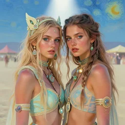 portrait of a couple of beautiful girls, burning man festival, intimate, pastel shades of desert colors, beautiful faces, rule of thirds, intricate outfits, spotlight, by greg rutkowski, by jeremy mann, by francoise nielly, by van gogh, digital painting
