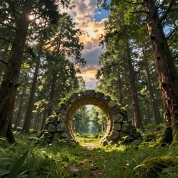 fantasy magical fairytale portal in the forest round stone portal teleport in trees to other worlds fantastic landscape, cinematic view, epic sky, detailed, concept art, low angle, high detail, warm lighting, volumetric, godrays, vivid, beautiful, trending on artstation, by jordan grimmer, huge scene, grass, art greg rutkowski