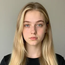 brunette with dyed blonde hair, 21 years old, 165 cm tall, long flat blonde hair, eyes green, 30% smaller nose, smaller mouth, round shaped face, big forehead, lop eared, thin eyebrows, real life photograph