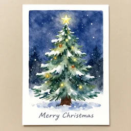 greeting card artwork, watercolor painting of a christmas tree outdoors in the snow at midnight