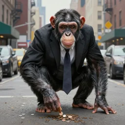 a painting of a chimpanzee wearing a business suit picking up pennies on a street in manhattan, hyperrealistic