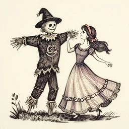 detailed soft painting of a scarecrow and his wife dancing. lino print elegant highly detailed artstation concept art matte folk horror