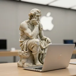 figurine of socrates at the apple store pondering over whether to buy the latest macbook, personification, dynamic pose, detailed product photo, featured on amiami, 8 k, 8 5 mm, f. 1 4, beautiful composition,