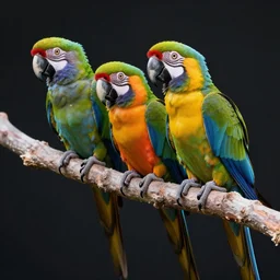 realistic photo of colorful parrots sitting on tree, dark smooth background, very sharp focus, very hyper realistic, art of greg rutsowski, highly detailed, fantasy art station